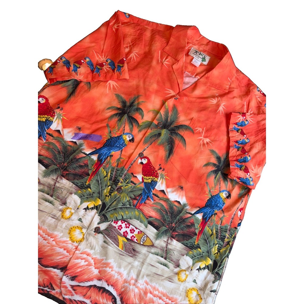 KY's Aloha Hawaiian Shirt Parrots Surfboard Beach Palm Orange Shirt Men's LARGE‎
